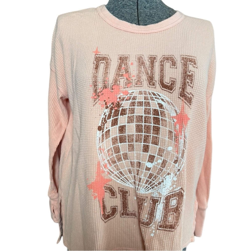 aerie Peach/Orange Waffle Knit "Dance Club" Graphic Long Sleeve Top